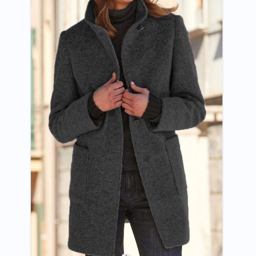 Chic Stand Collar Wool Blend Coat with Pockets for Women - Stylish Fall Winter Outerwear