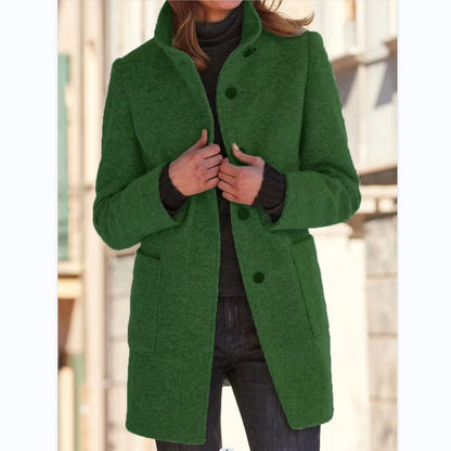 Chic Stand Collar Wool Blend Coat with Pockets for Women - Stylish Fall Winter Outerwear