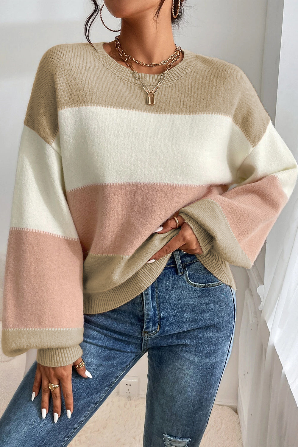 Blush Color Block Drop Shoulder Lantern Sleeve Sweater