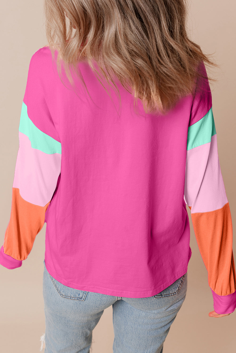 Rose Red Color Block Oversized Long Sleeve Top