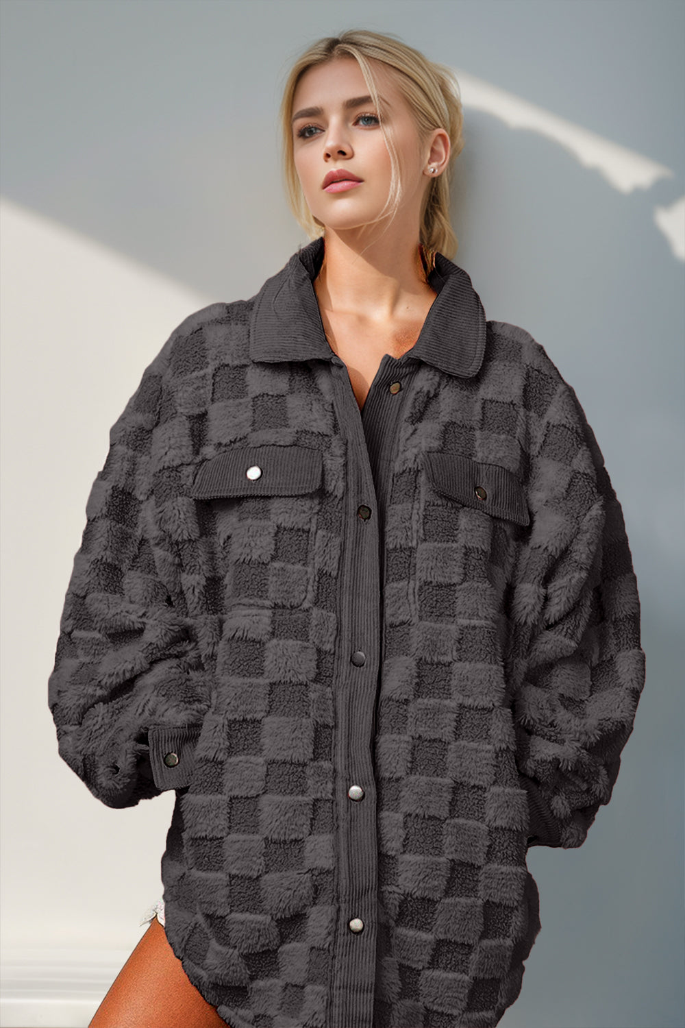 Double Take Button Up Fuzzy Checkered Shacket - Cozy Chic Layering