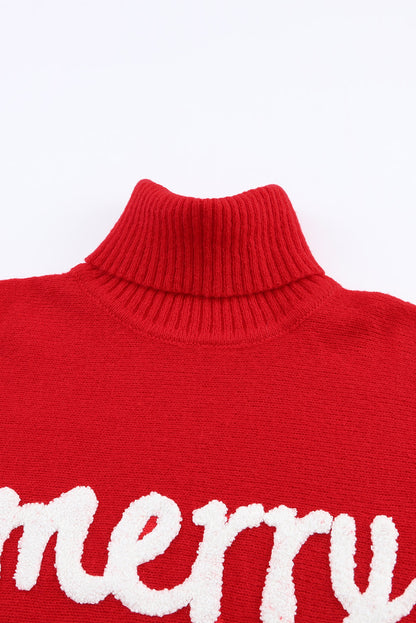 Festive Red Embroidered Turtleneck Sweater with Merry Letter Design