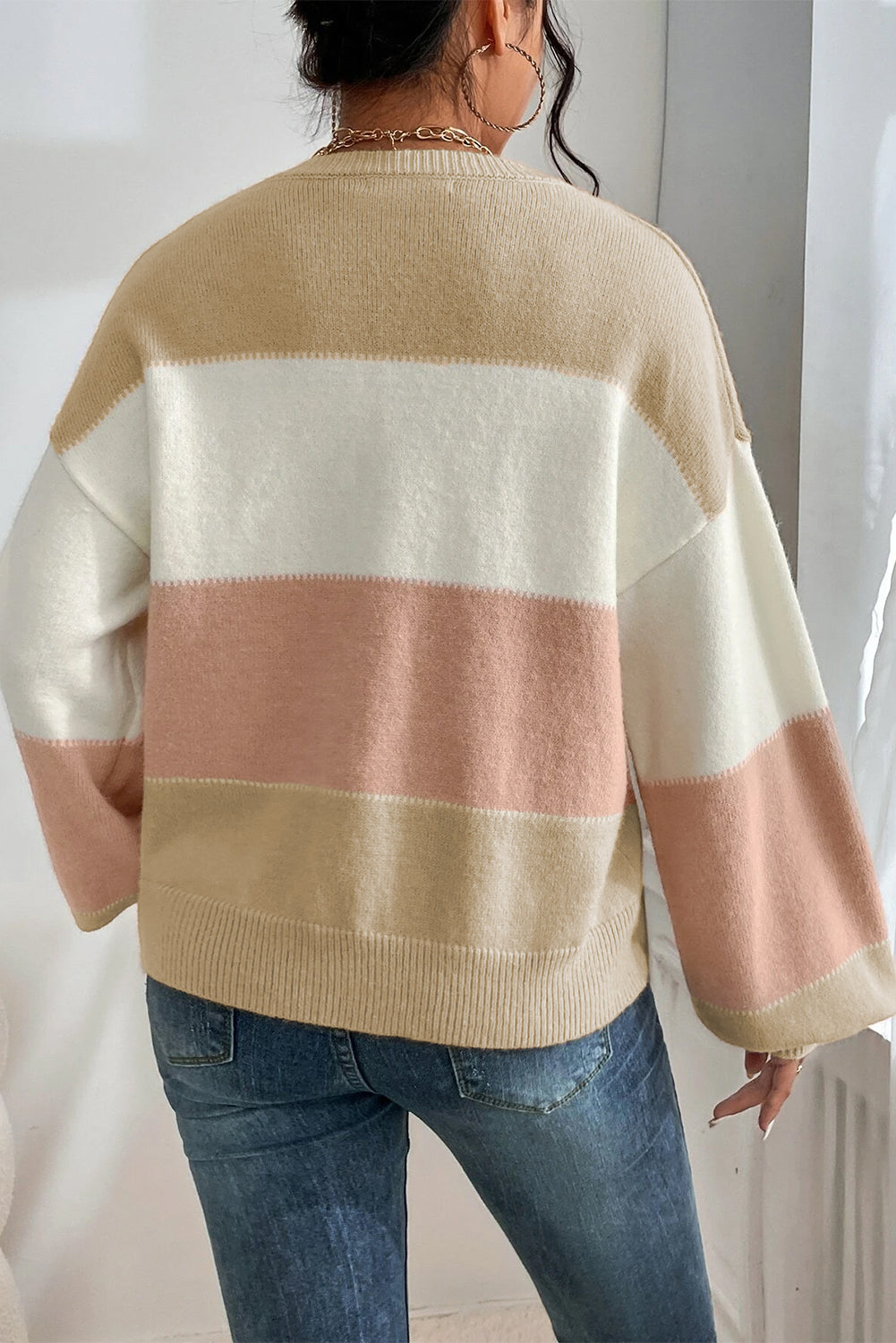 Blush Color Block Drop Shoulder Lantern Sleeve Sweater