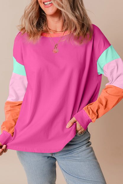 Rose Red Color Block Oversized Long Sleeve Top