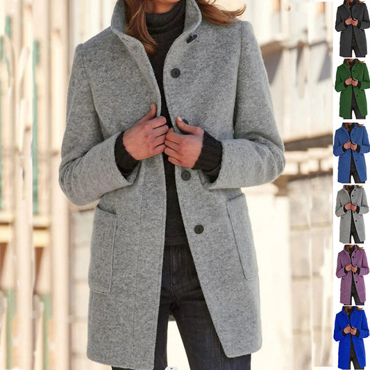 Chic Stand Collar Wool Blend Coat with Pockets for Women - Stylish Fall Winter Outerwear