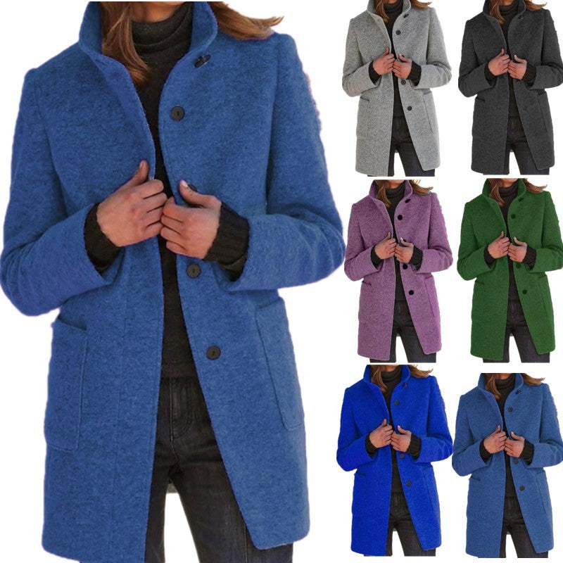 Chic Stand Collar Wool Blend Coat with Pockets for Women - Stylish Fall Winter Outerwear