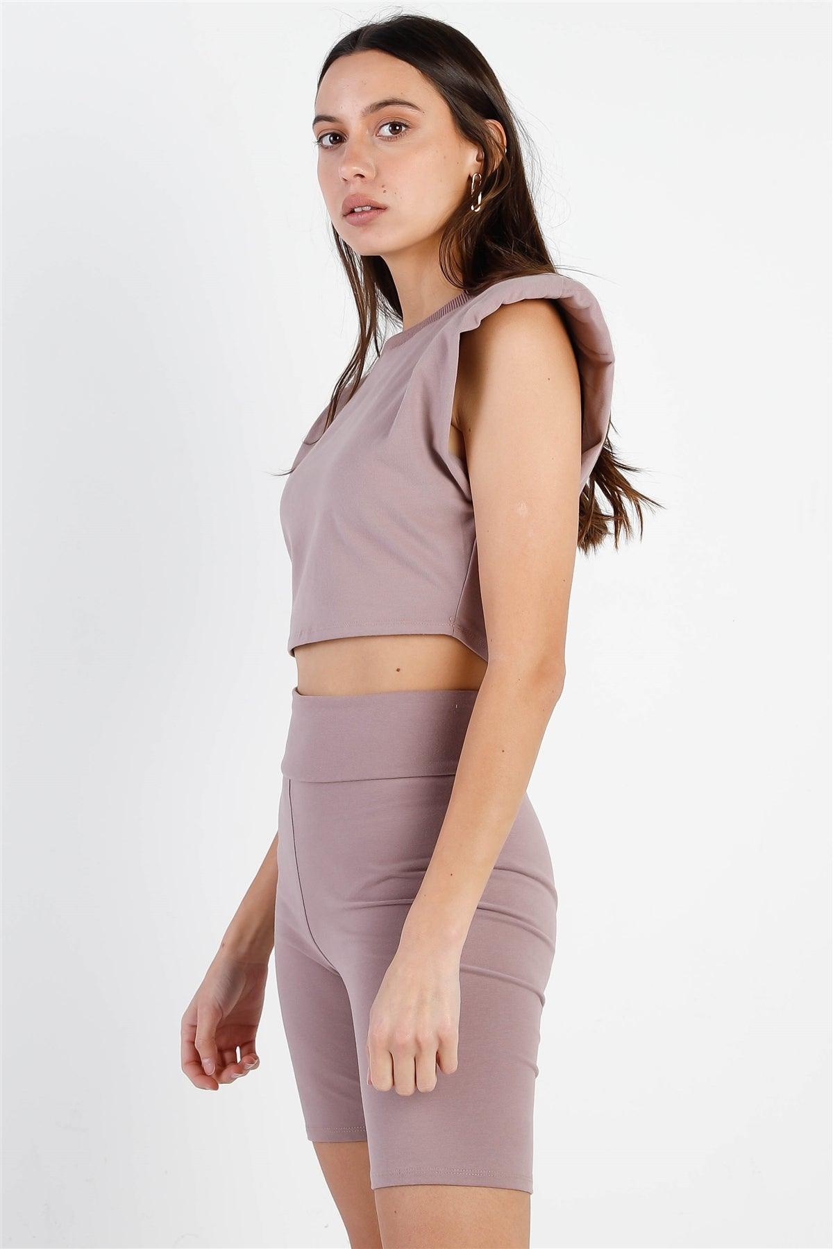 Dark Mauve Padded Shoulder Crop Top & Biker Short Set-1