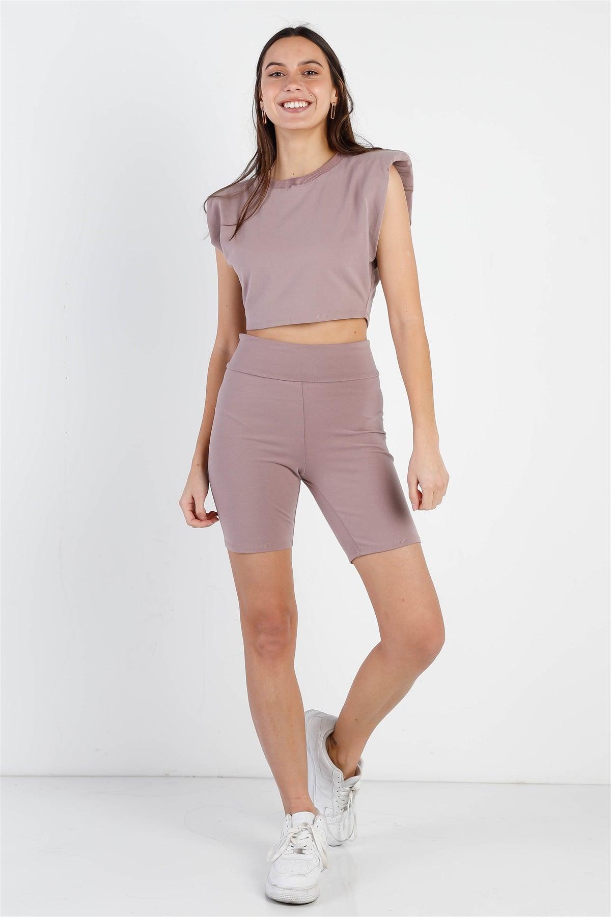 Dark Mauve Padded Shoulder Crop Top & Biker Short Set-3