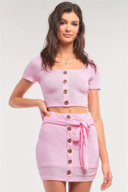 Ribbed Button Down Crop Mock Wrap Mini Skirt Set-0