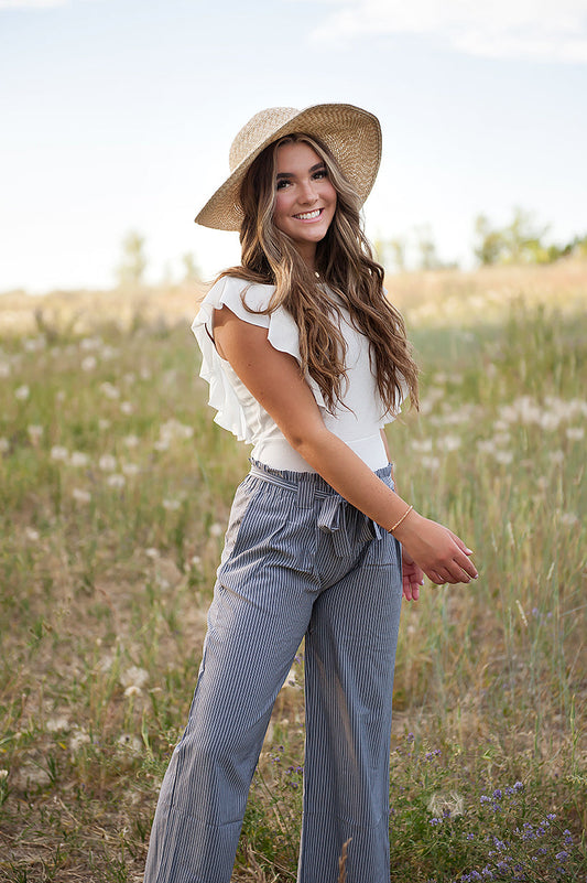 DT Izzy Belted Striped Palazzo pants - grey and white-0